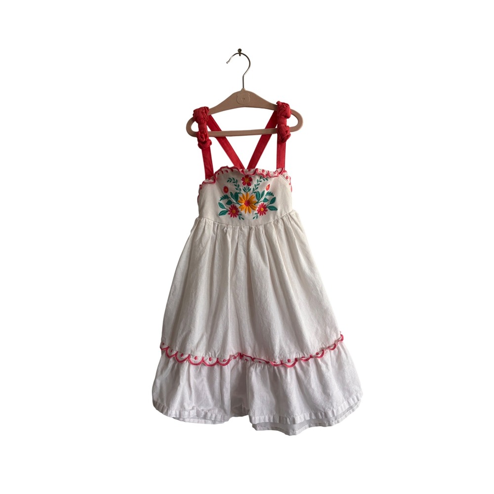 Haute Hippie Kids Style White Floral Embroidered Ruffle Dress 5T Red Straps